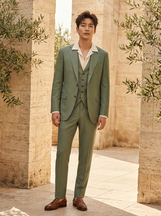 Pistachio Silk Blend 3-Piece Suit — Custom Made to Measure - front view