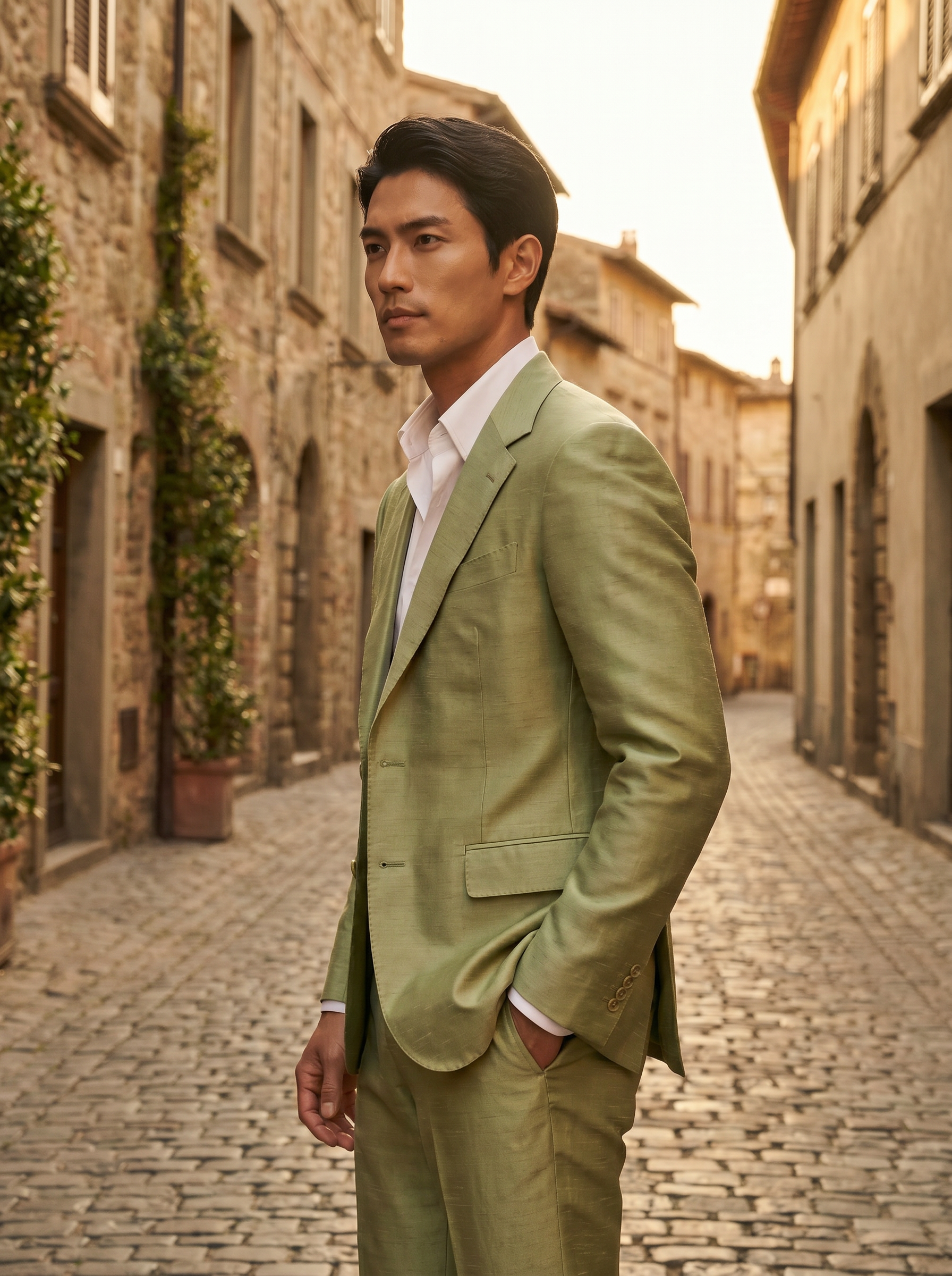 Pistachio Silk Blend Suit — Custom Made to Measure - side view