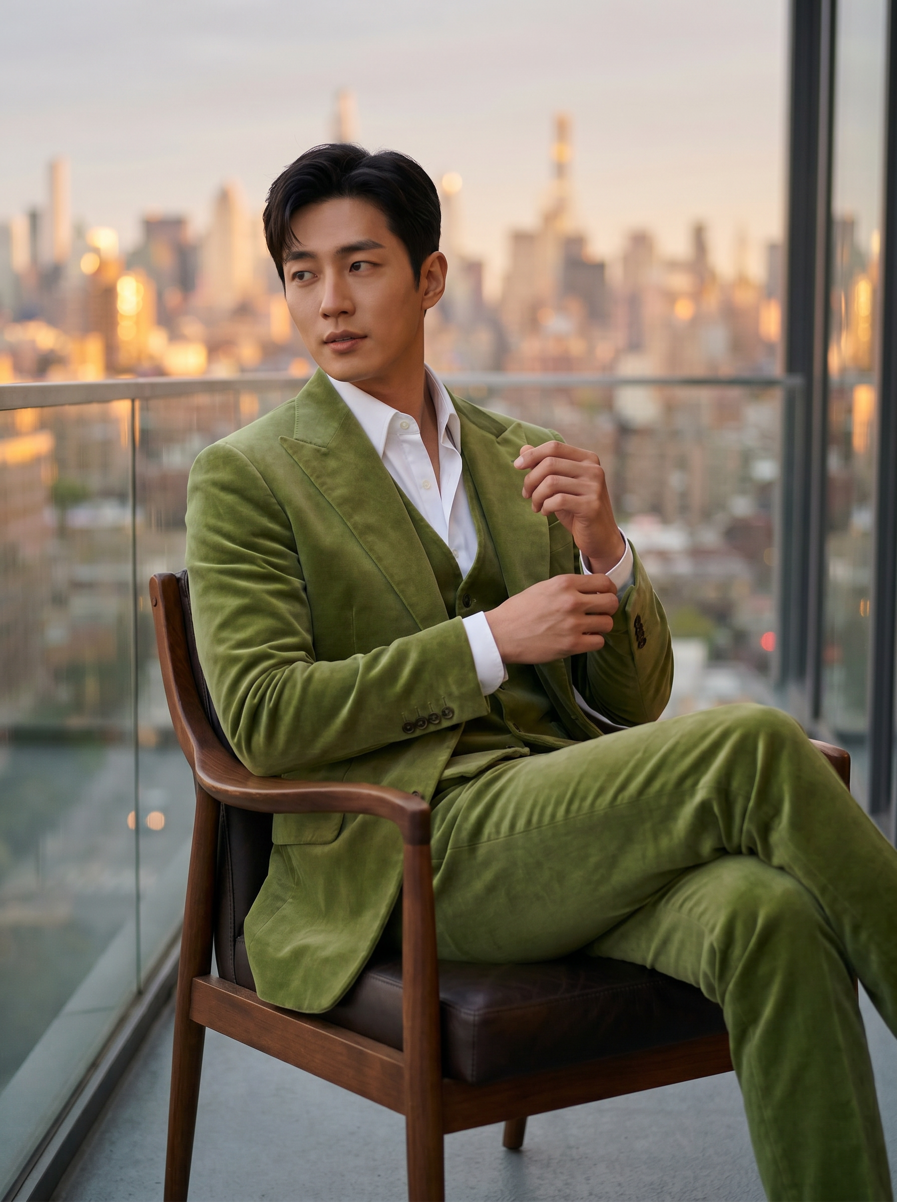 Pistachio Velvet 3-Piece Suit — Custom Made to Measure - seated view