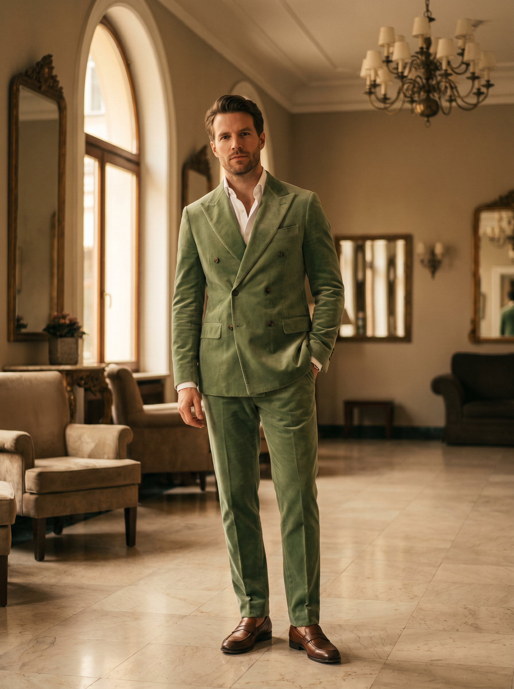 Pistachio Velvet Double Breasted Suit — Custom Made to Measure - front view