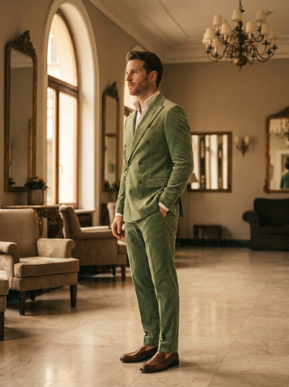 Pistachio Velvet Double Breasted Suit — Custom Made to Measure - side view