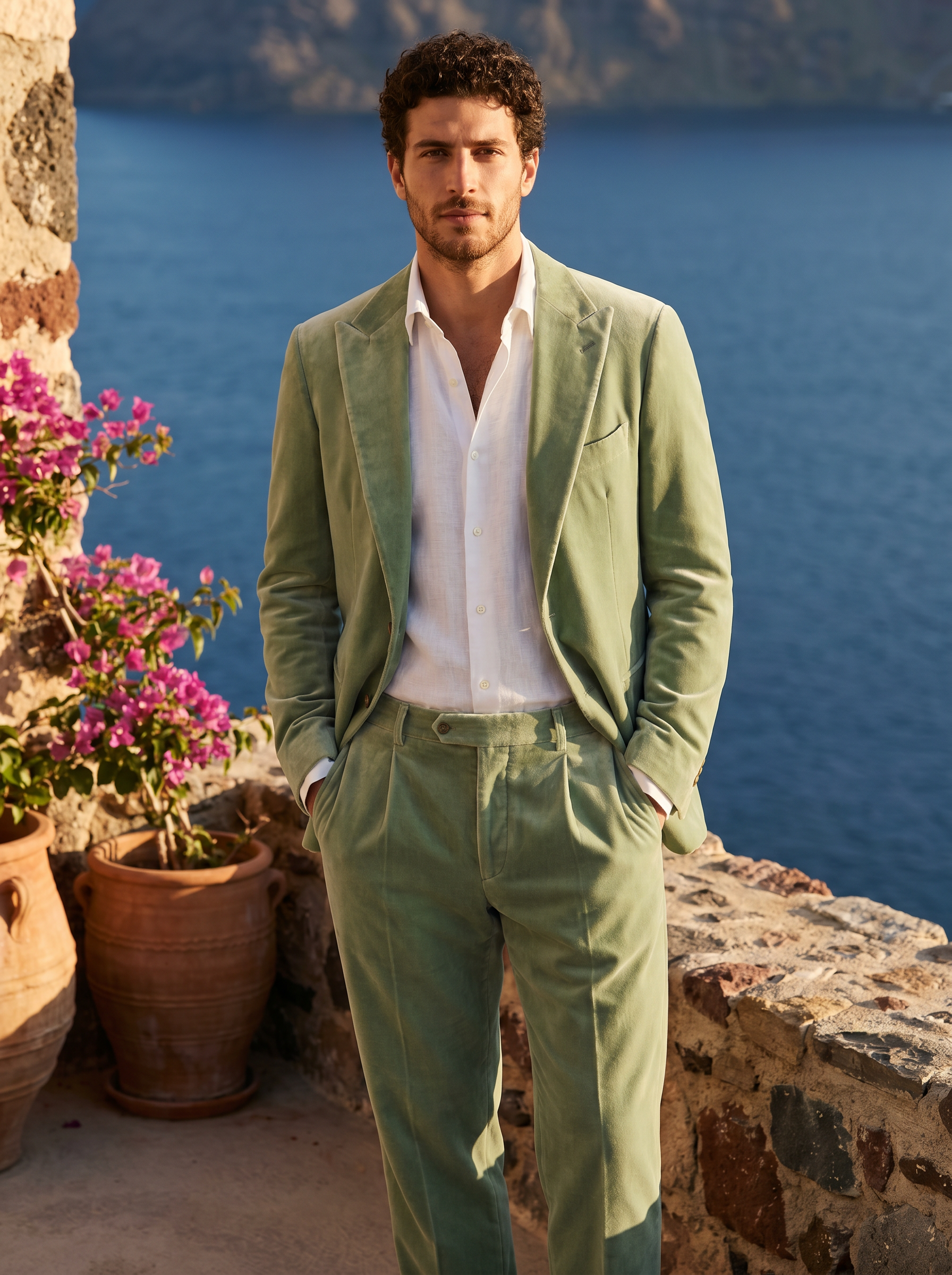 Pistachio Velvet Groomsmen Suit — Custom Made to Measure - front view