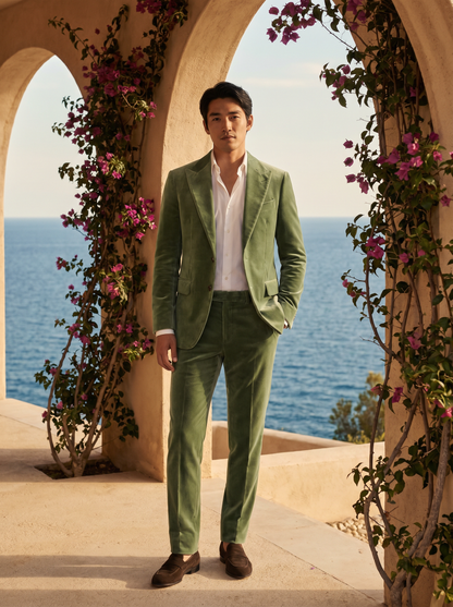 Pistachio Velvet Suit — Custom Made to Measure - front view