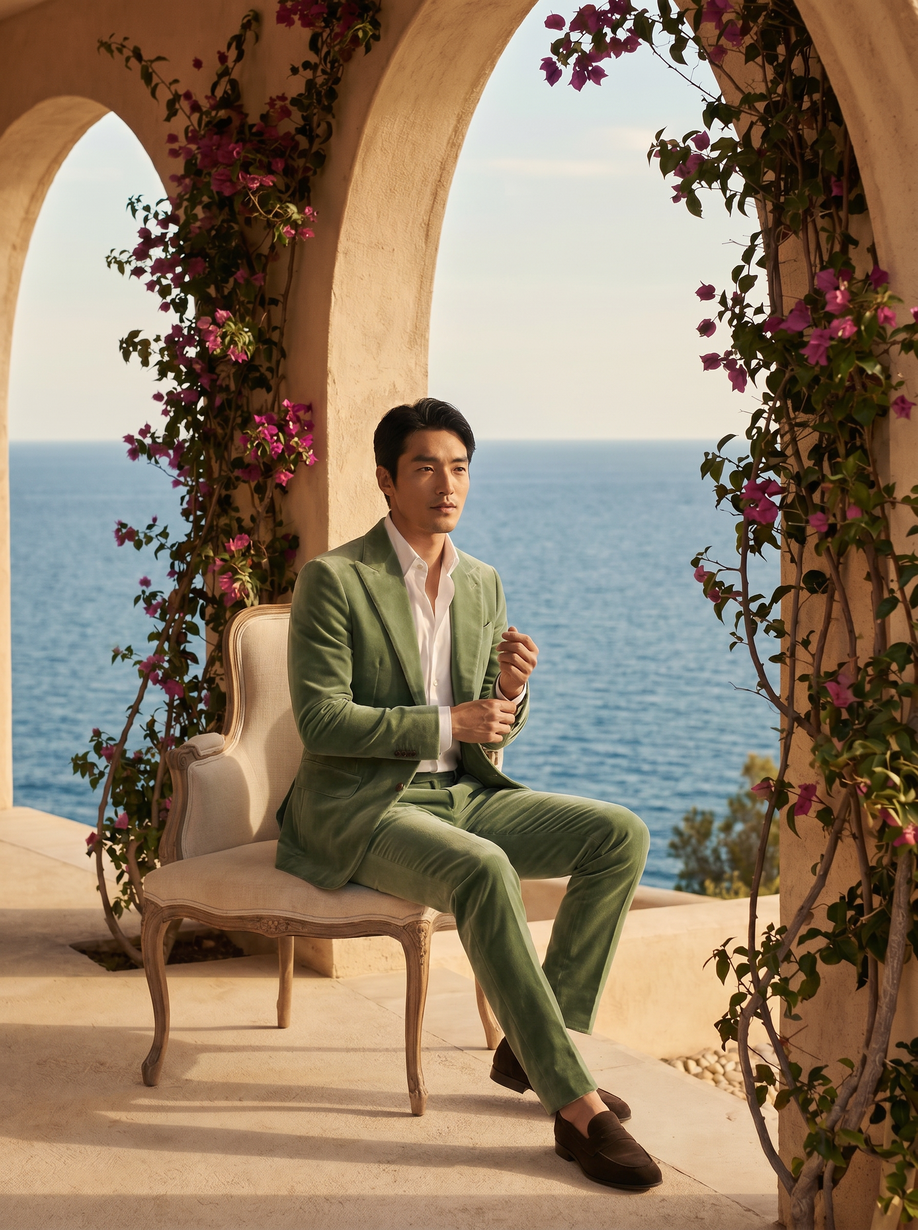 Pistachio Velvet Suit — Custom Made to Measure - seated view