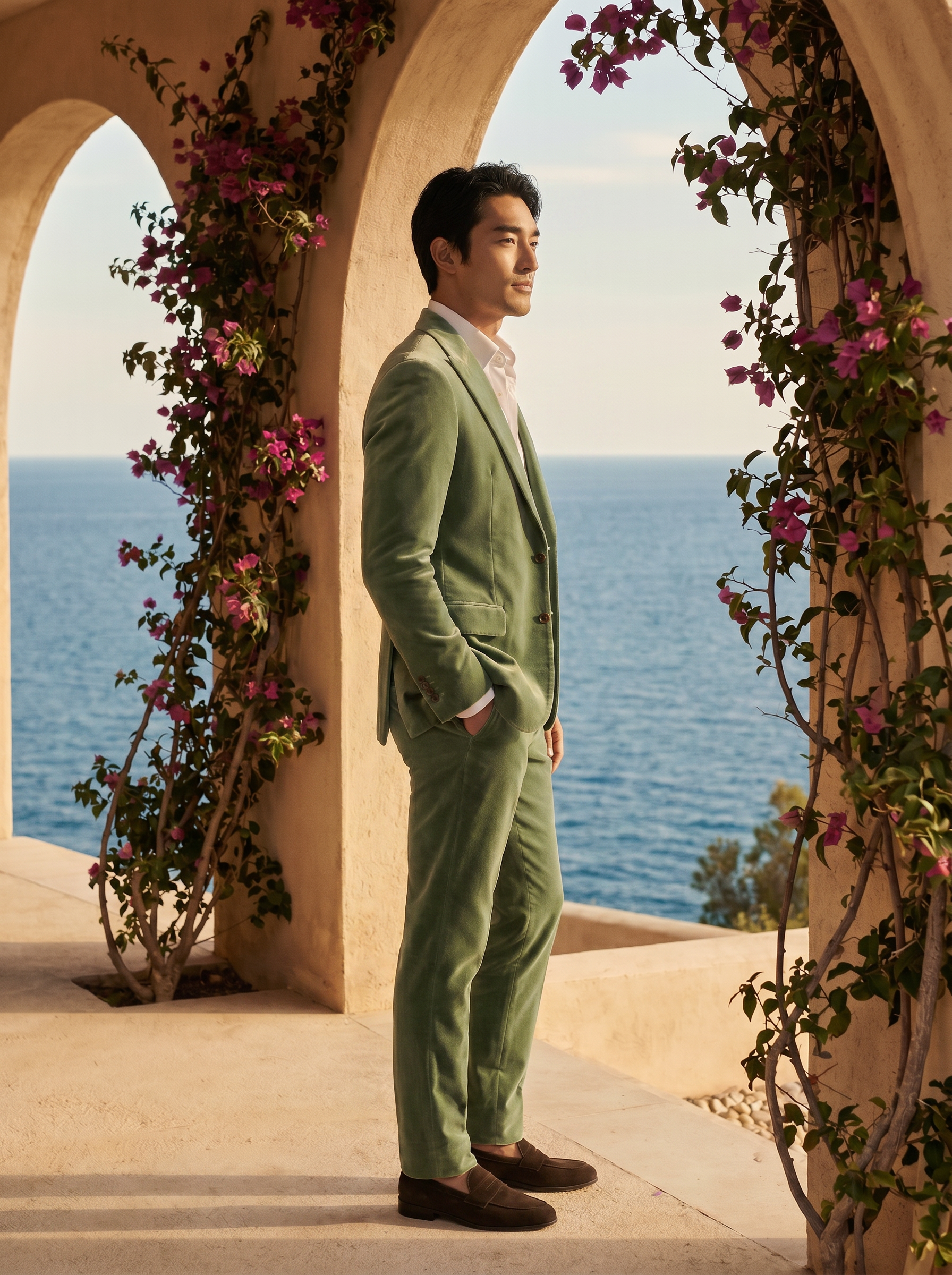 Pistachio Velvet Suit — Custom Made to Measure - side view