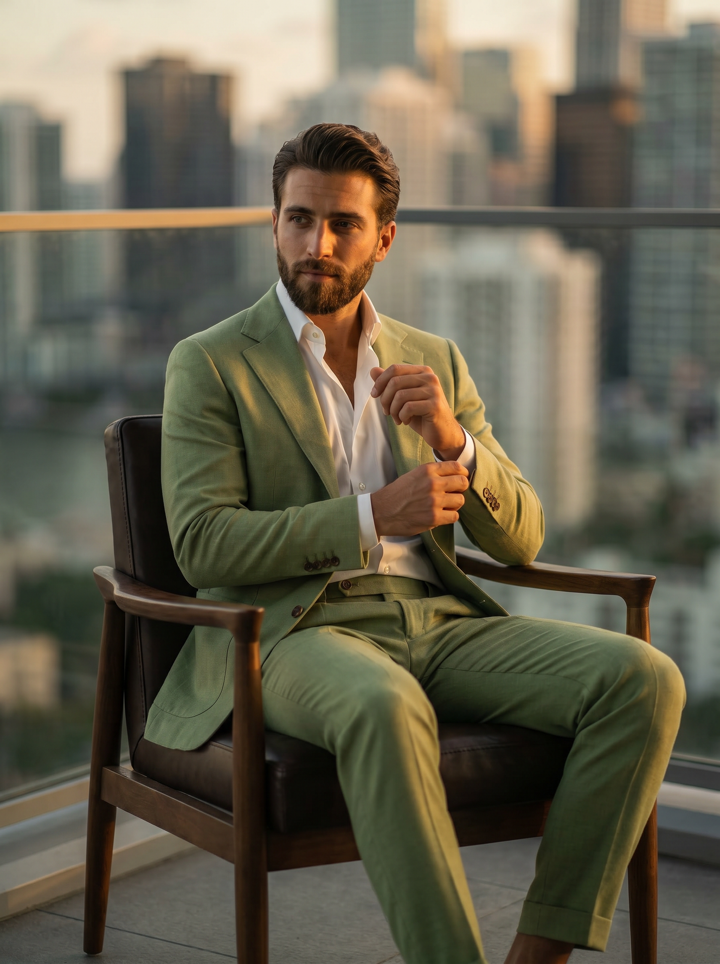 Pistachio Wool Groomsmen Suit — Custom Made to Measure - seated view