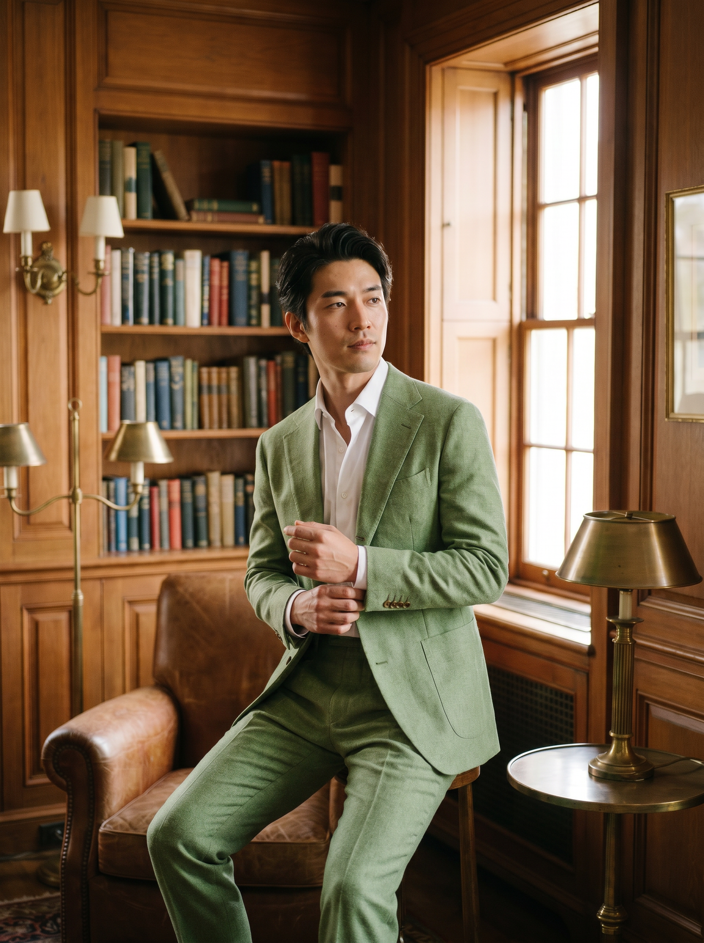 Pistachio Wool Suit — Custom Made to Measure - seated view