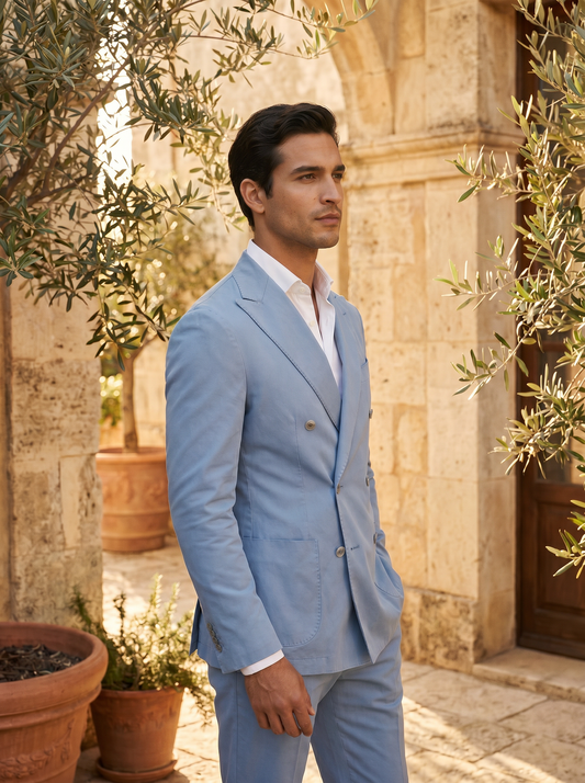 Powder Blue Cotton Double Breasted Suit — Custom Made to Measure - side view