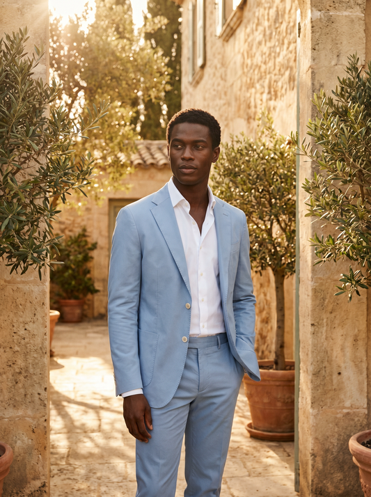 Powder Blue Cotton Groomsmen Suit — Custom Made - front view