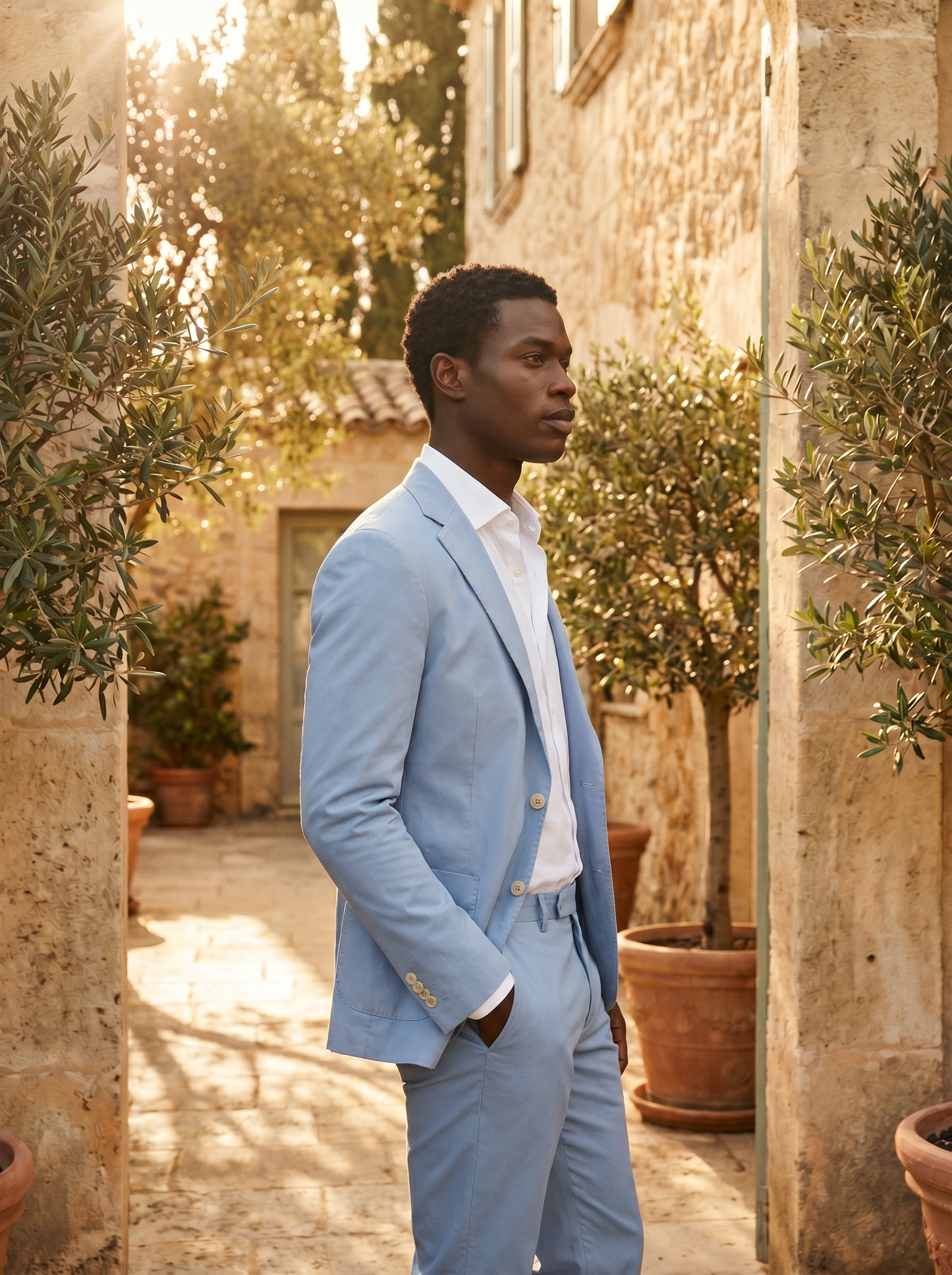 Powder Blue Cotton Groomsmen Suit — Custom Made - side view