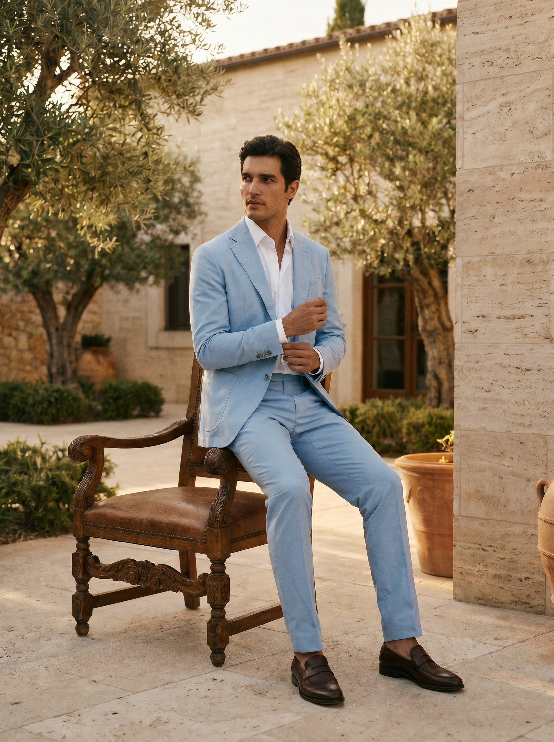 Powder Blue Cotton Suit — Custom Made to Measure - seated view
