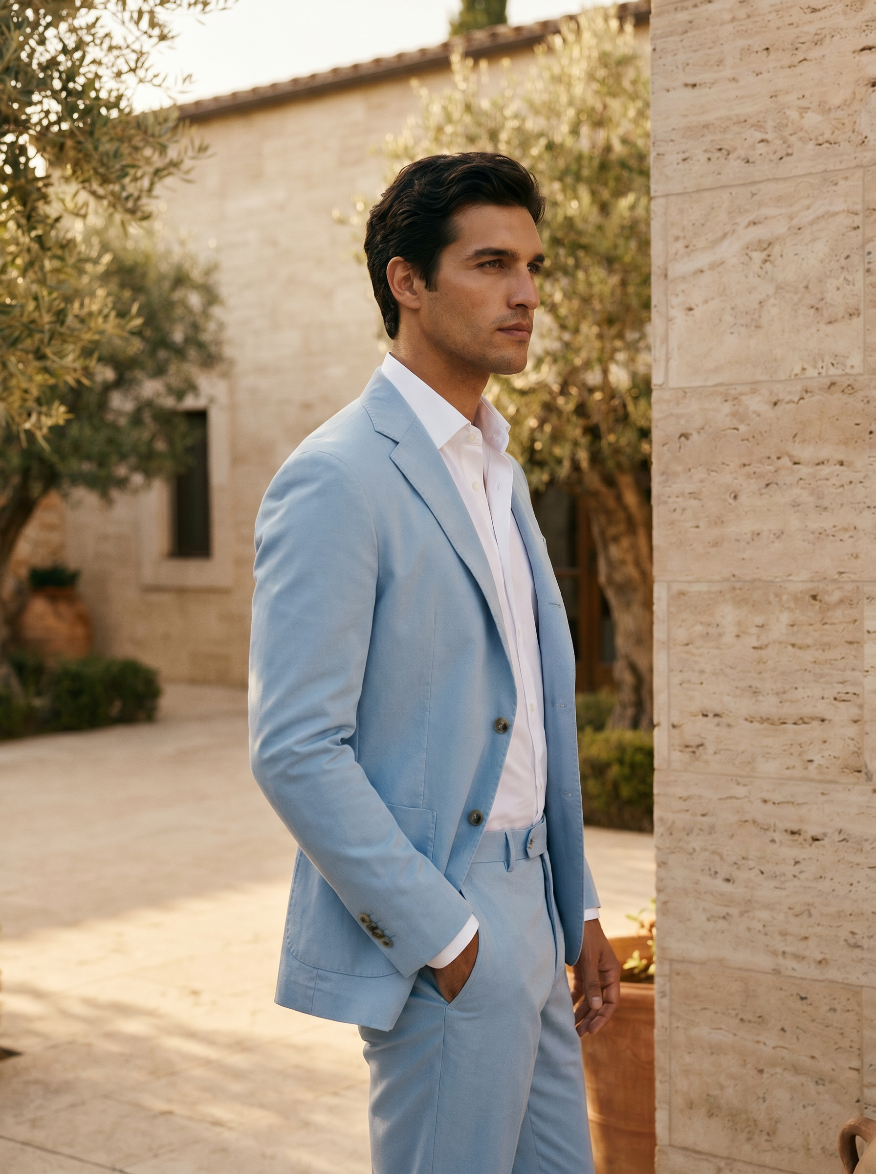 Powder Blue Cotton Suit — Custom Made to Measure - side view