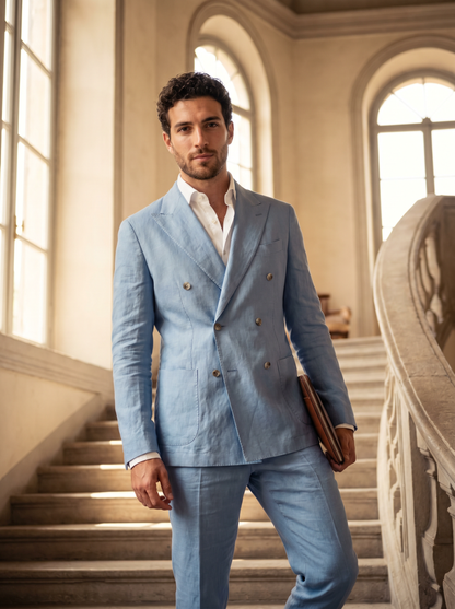 Powder Blue Linen Double Breasted Suit — Custom Made to Measure - front view