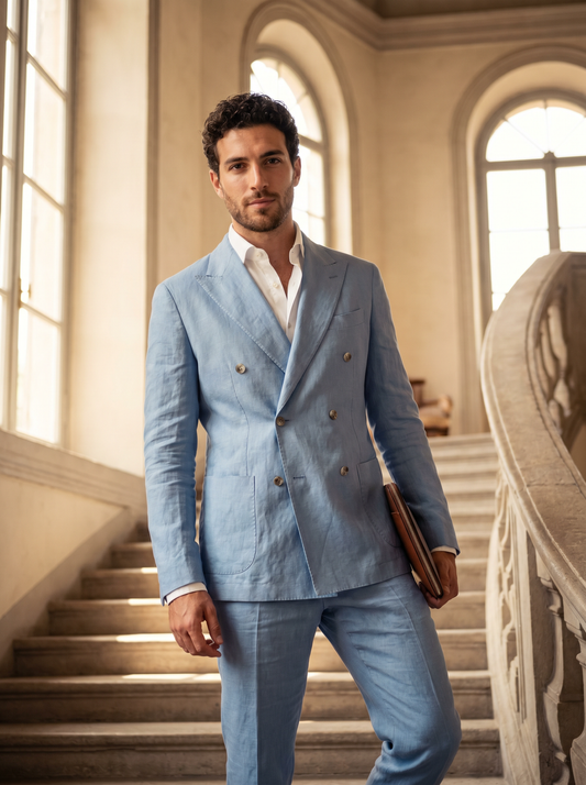 Powder Blue Linen Double Breasted Suit — Custom Made to Measure - front view