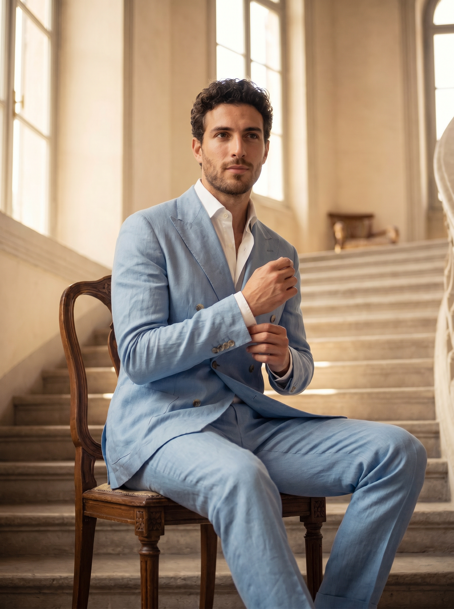 Powder Blue Linen Double Breasted Suit — Custom Made to Measure - seated view