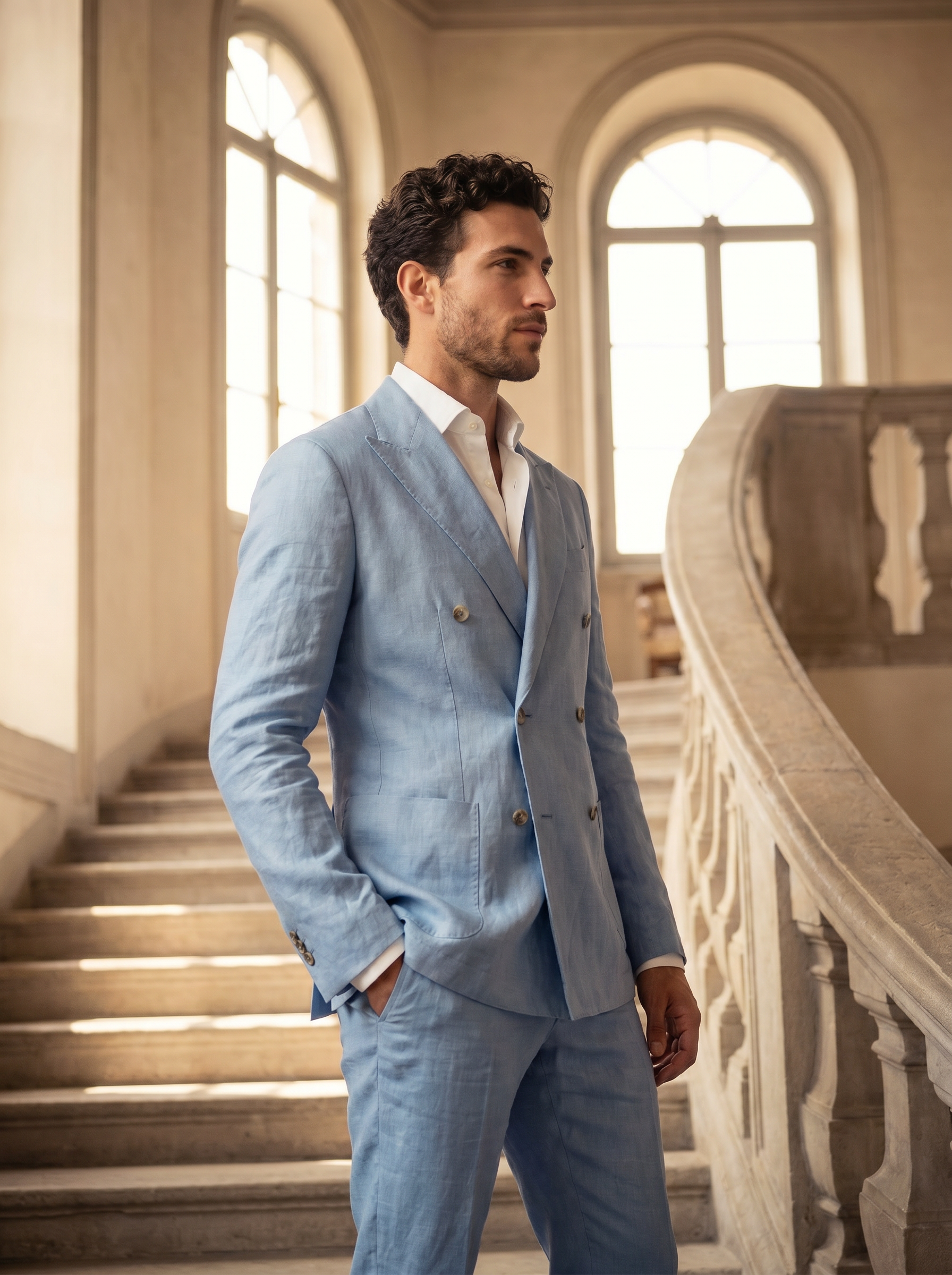 Powder Blue Linen Double Breasted Suit — Custom Made to Measure - side view