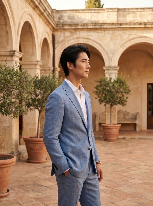 Powder Blue Linen Groomsmen Suit — Custom Made to Measure - side view