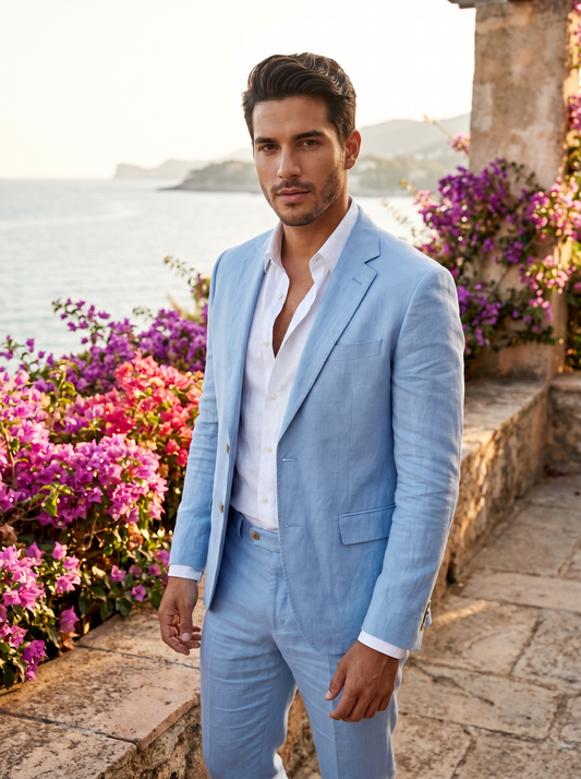 Powder Blue Linen Suit — Custom Made to Measure - front view