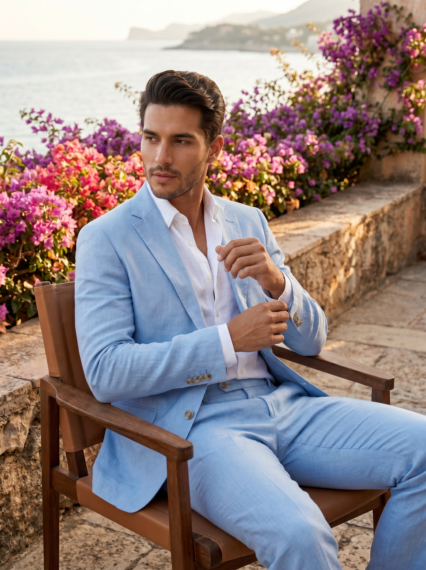 Powder Blue Linen Suit — Custom Made to Measure - seated view