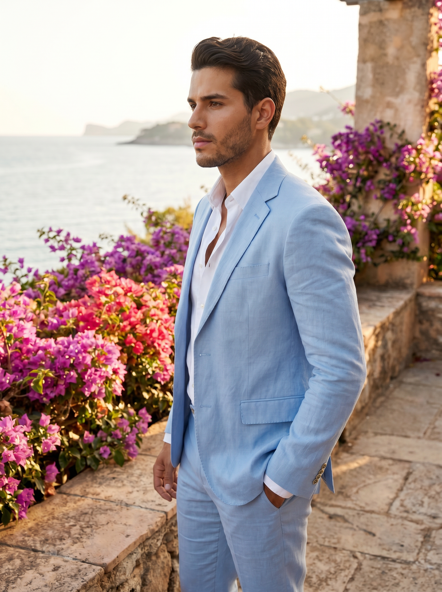 Powder Blue Linen Suit — Custom Made to Measure - side view