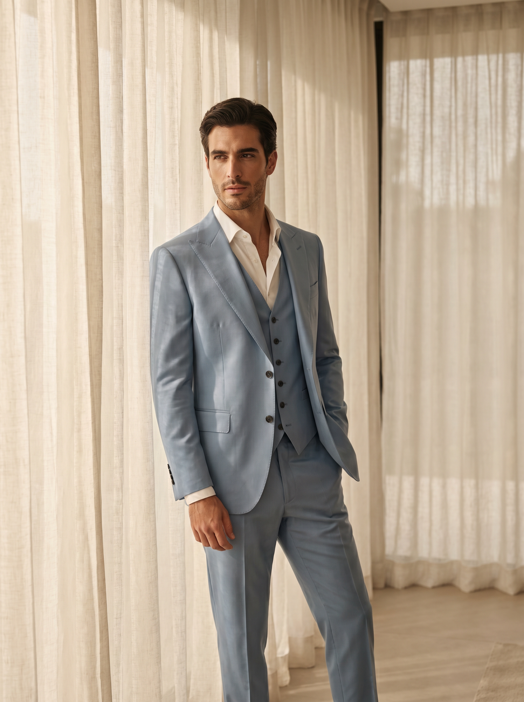 Powder Blue Silk Blend 3-Piece Suit — Custom Made to Measure - front view
