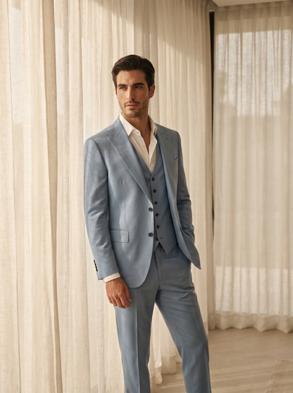 Powder Blue Silk Blend 3-Piece Suit — Custom Made to Measure - front view
