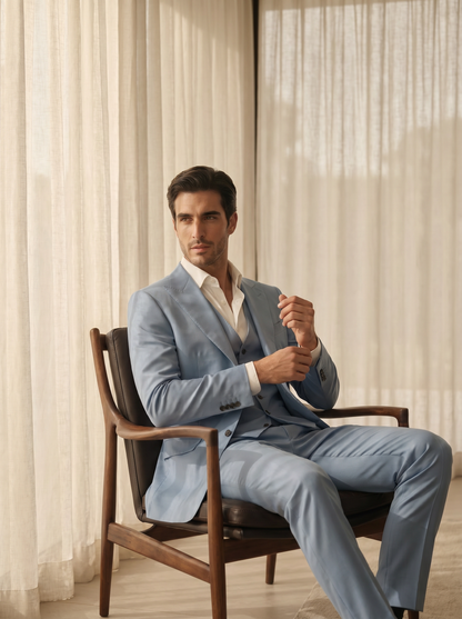 Powder Blue Silk Blend 3-Piece Suit — Custom Made to Measure - seated view