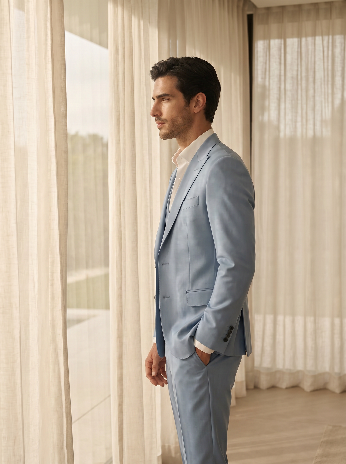 Powder Blue Silk Blend 3-Piece Suit — Custom Made to Measure - side view