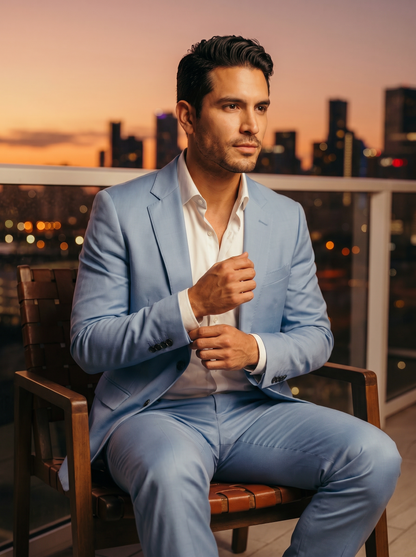 Powder Blue Silk Blend Suit — Custom Made to Measure - seated view