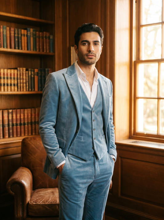 Powder Blue Velvet 3-Piece Suit — Custom Made to Measure - front view