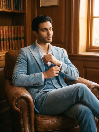 Powder Blue Velvet 3-Piece Suit — Custom Made to Measure - seated view
