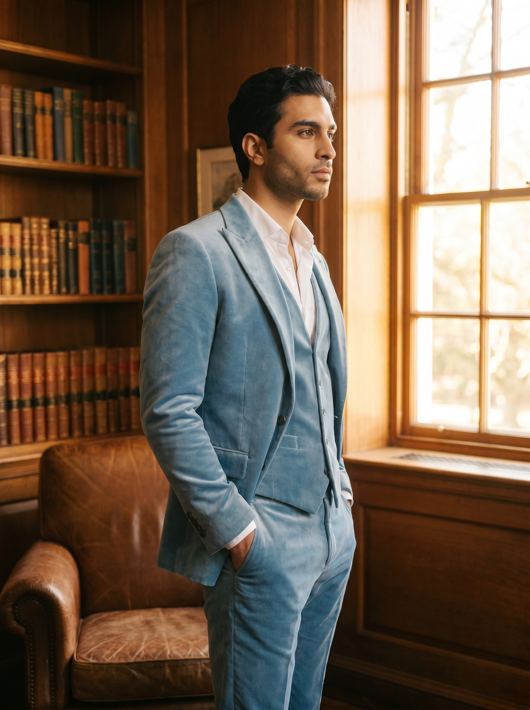 Powder Blue Velvet 3-Piece Suit — Custom Made to Measure - side view