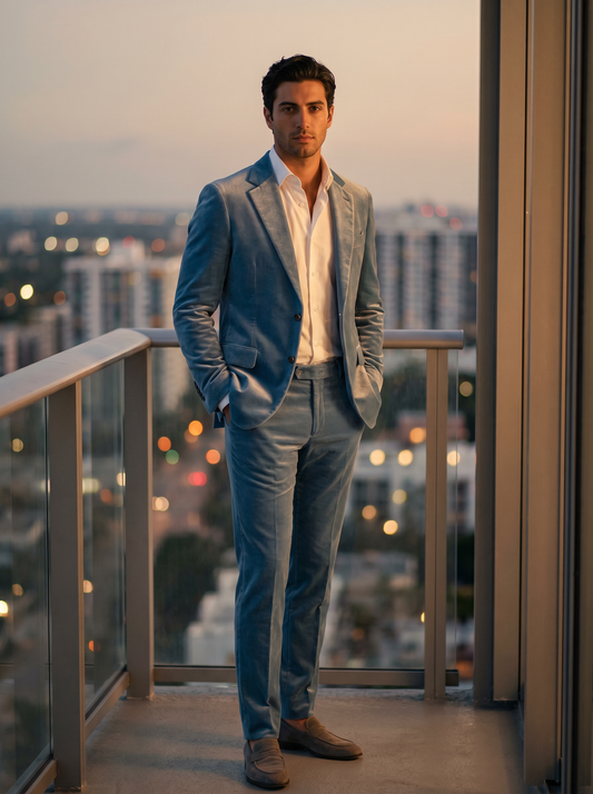 Powder Blue Velvet Groomsmen Suit — Custom Made to Measure - front view