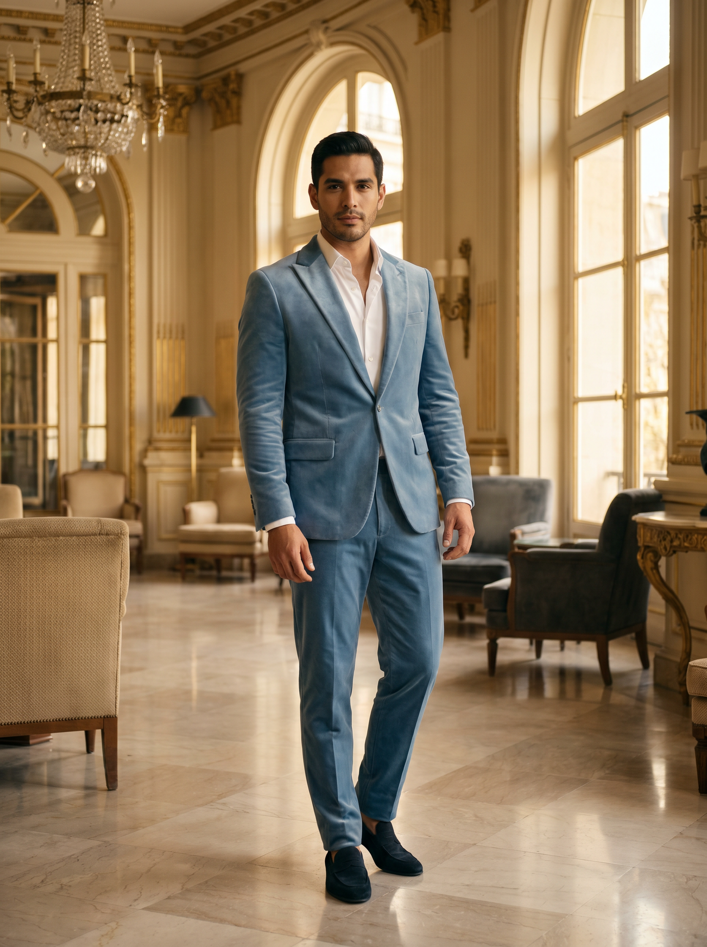 Powder Blue Velvet Suit — Custom Made to Measure - front view