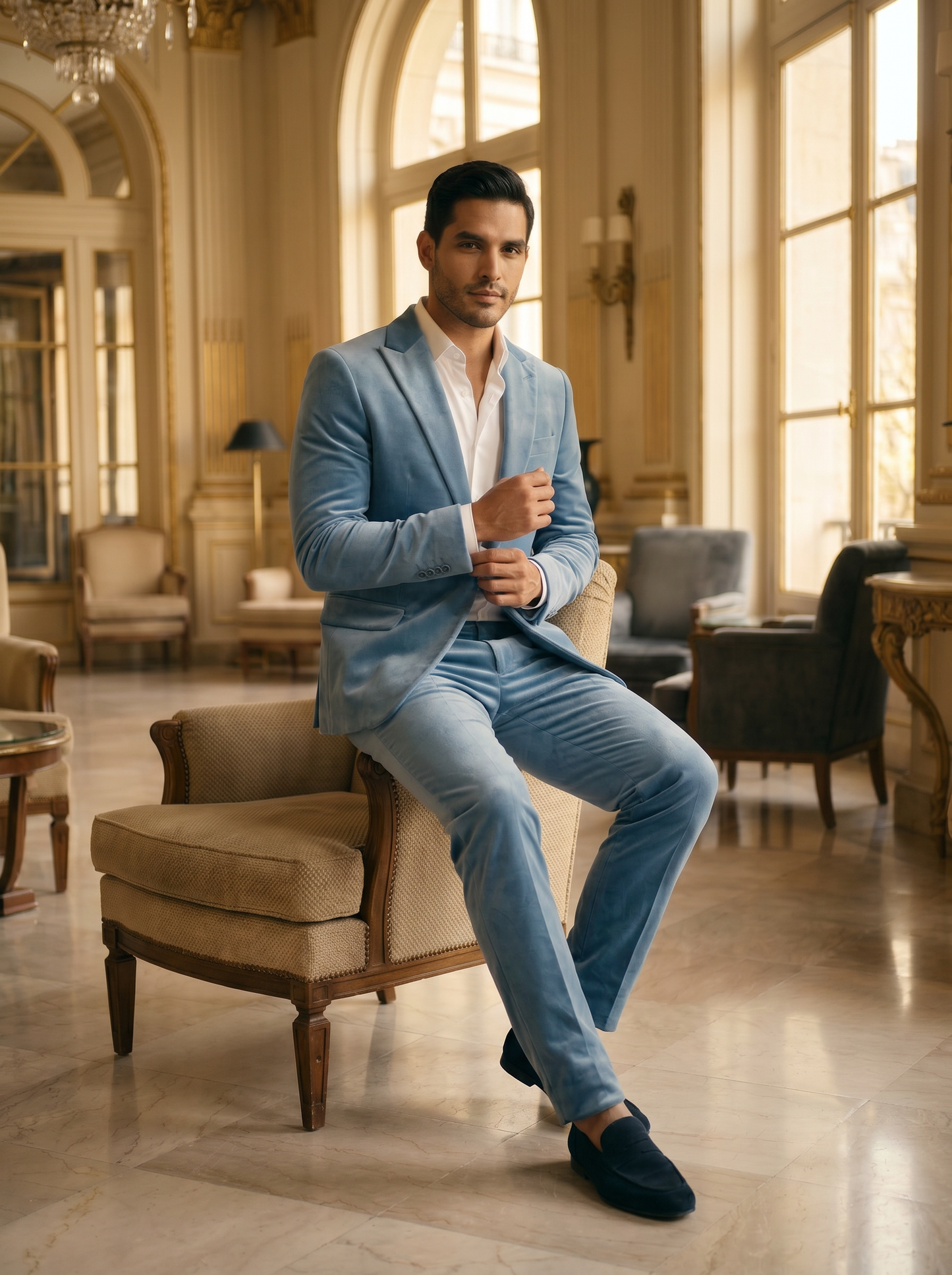 Powder Blue Velvet Suit — Custom Made to Measure - seated view