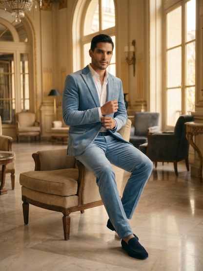 Powder Blue Velvet Suit — Custom Made to Measure - seated view
