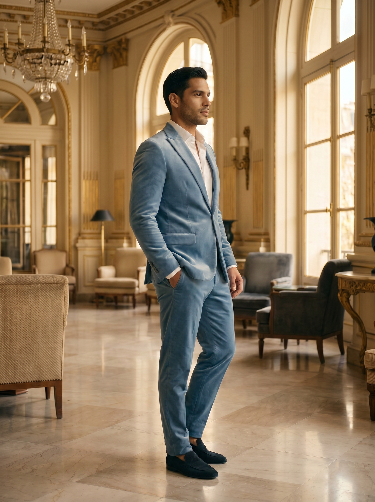 Powder Blue Velvet Suit — Custom Made to Measure - side view