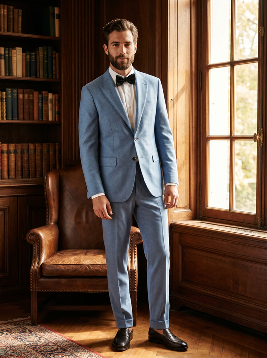 Powder Blue Wool Black Tie Suit — Custom Made to Measure - front view