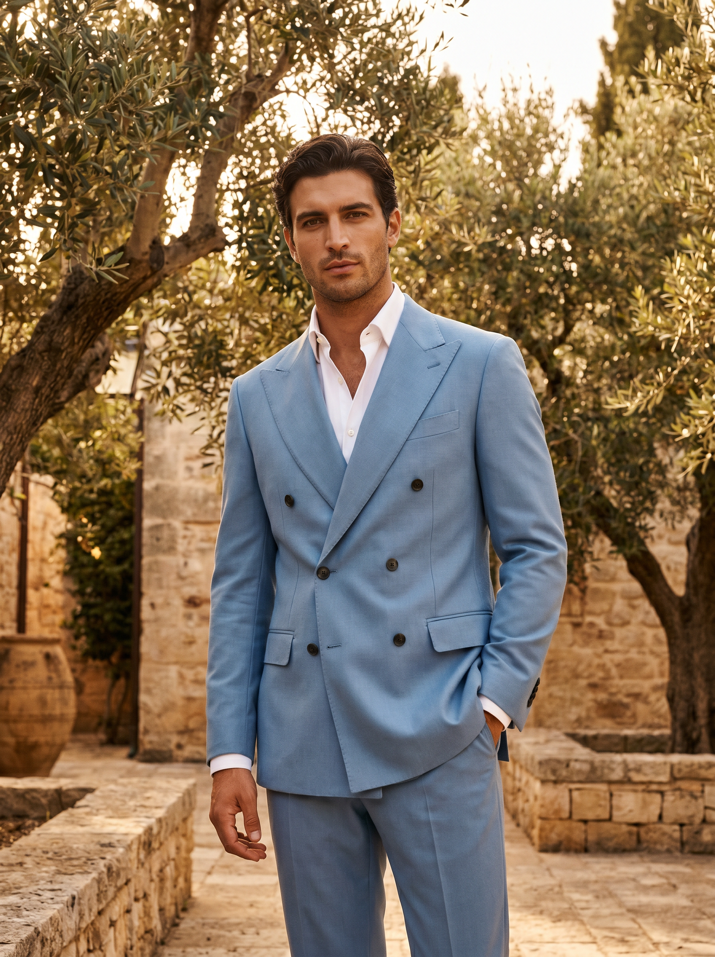 Powder Blue Wool Double Breasted Suit — Custom Made to Measure - front view