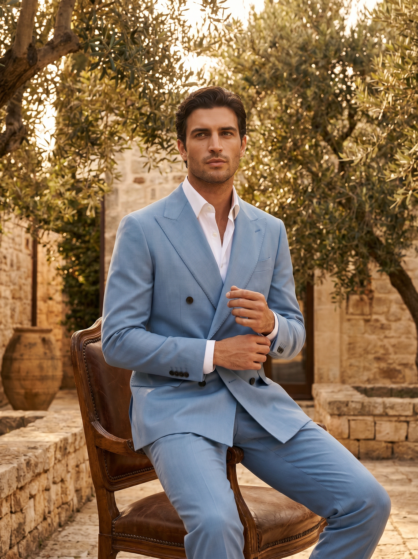 Powder Blue Wool Double Breasted Suit — Custom Made to Measure - seated view