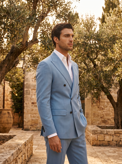 Powder Blue Wool Double Breasted Suit — Custom Made to Measure - side view