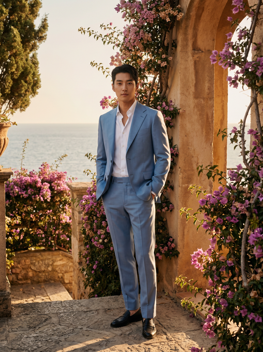 Powder Blue Wool Groomsmen Suit — Custom Made to Measure - front view