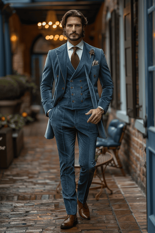 Powder Blue Velvet Cocktail Party Suit — Custom Made to Measure
