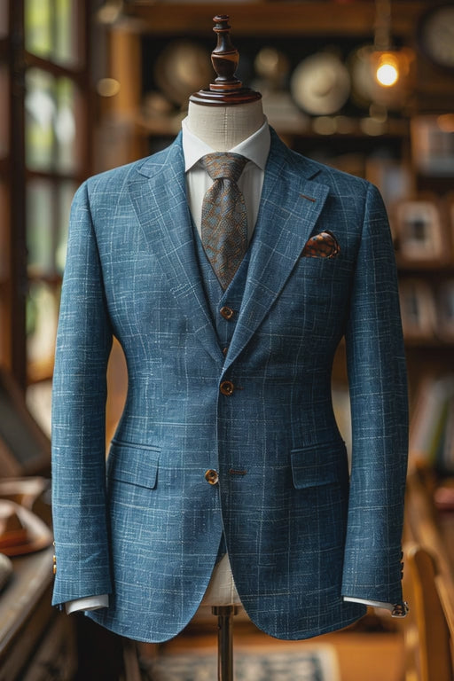 Blue Checked Linen Suit  – Custom Made & Made to Measure