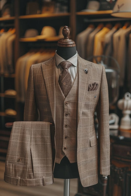 Light Brown Checkered Linen Suit – Custom Made & Made to Measure