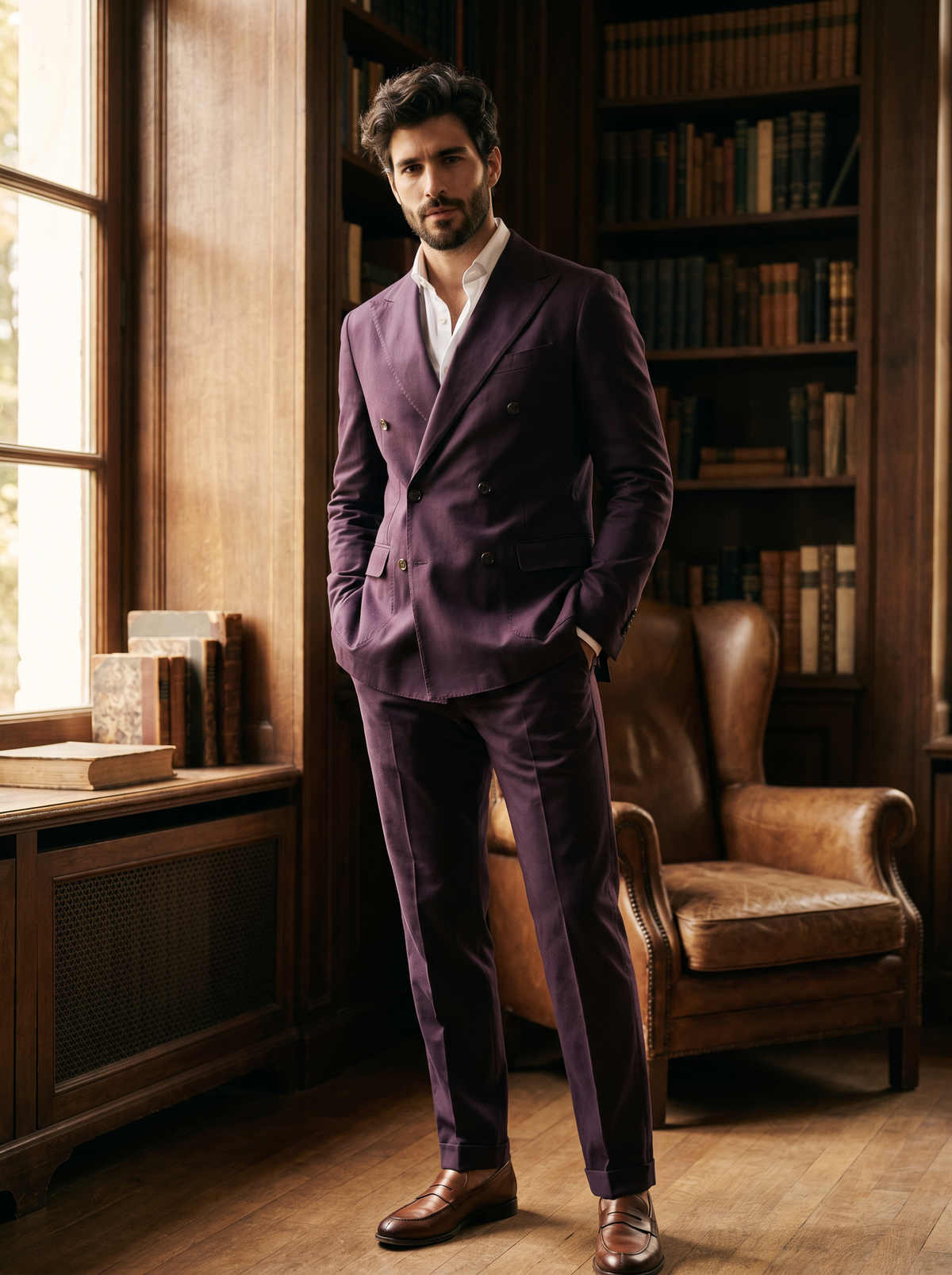 Purple Cotton Double Breasted Suit — Custom Made to Measure - front view