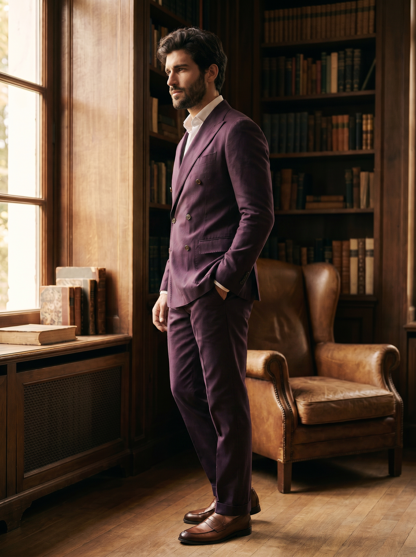 Purple Cotton Double Breasted Suit — Custom Made to Measure - side view