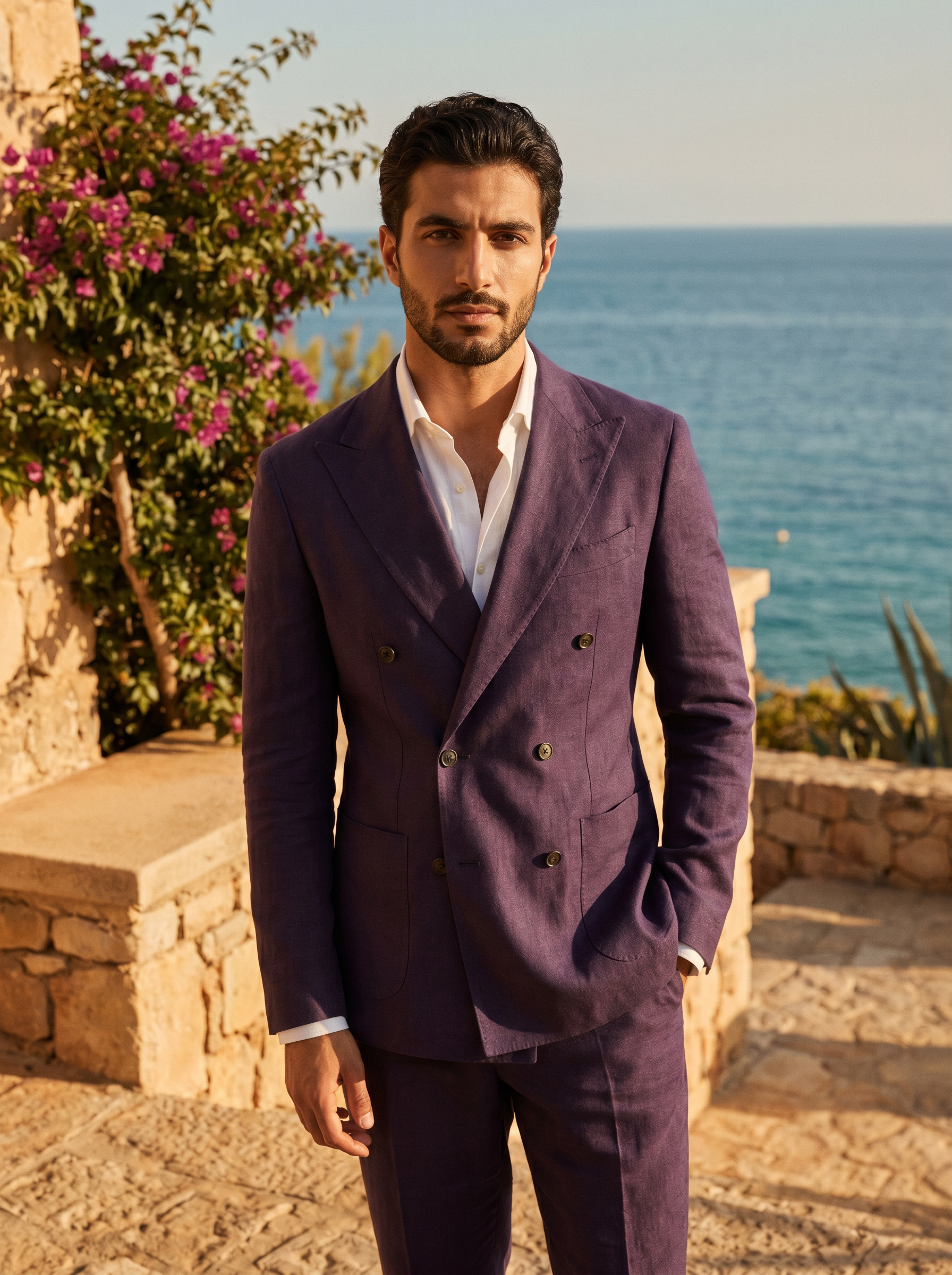Purple Linen Double Breasted Suit — Custom Made to Measure - front view