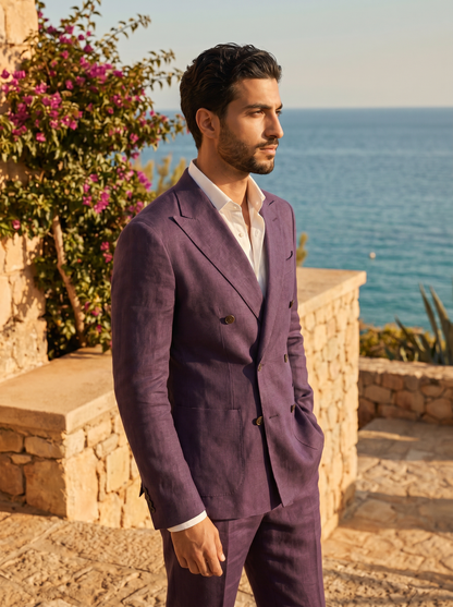 Purple Linen Double Breasted Suit — Custom Made to Measure - side view