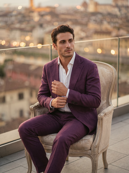 Purple Linen Groomsmen Suit — Custom Made to Measure - seated view